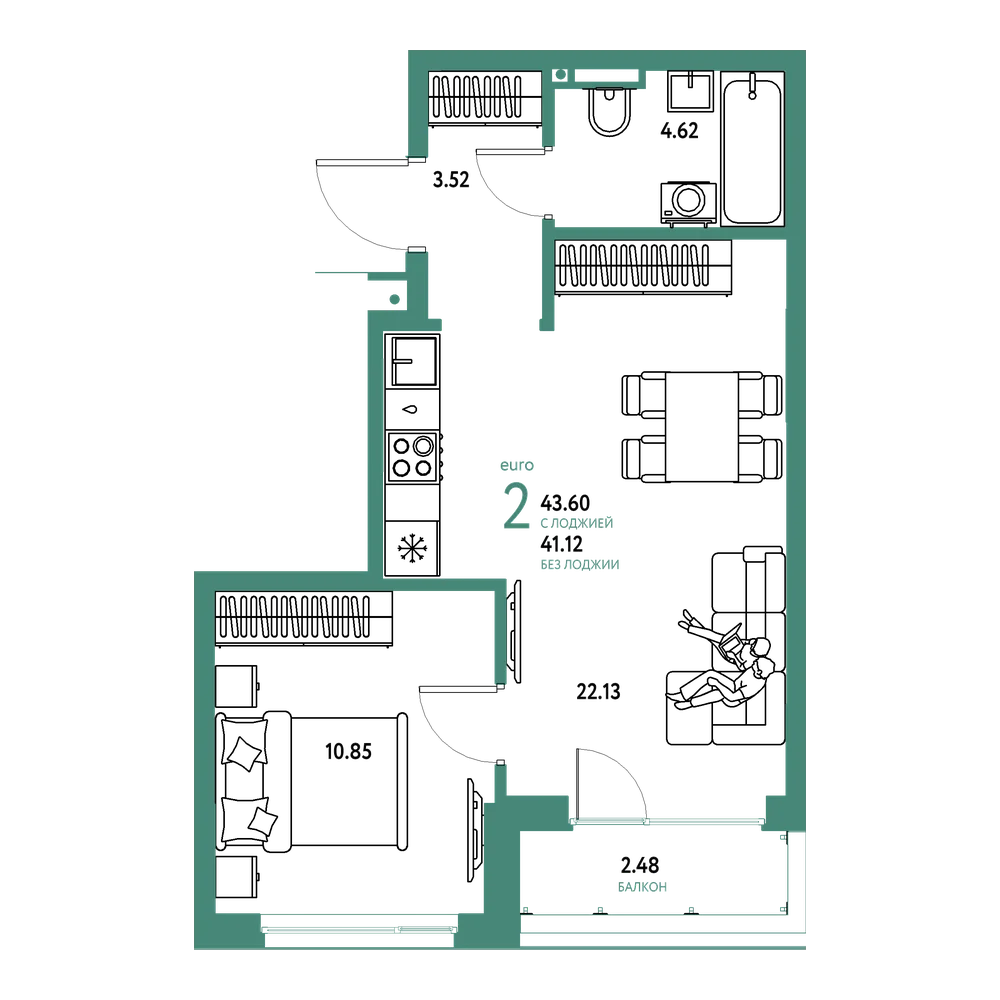 Планировка: Евродвушка 43,6 м²
