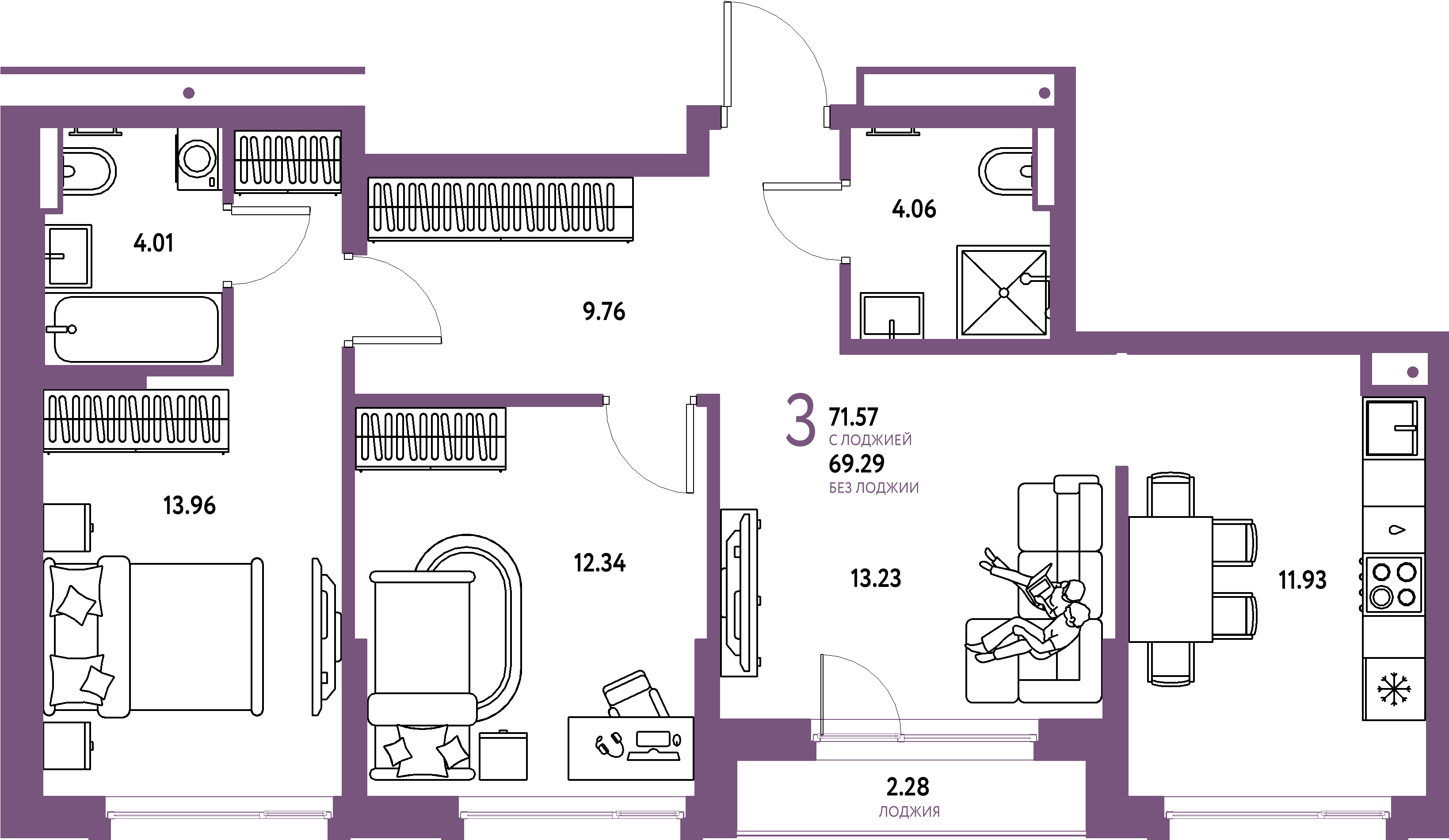 Планировка: 3-комнатная 71,57 м² в ЖК «Авторский»