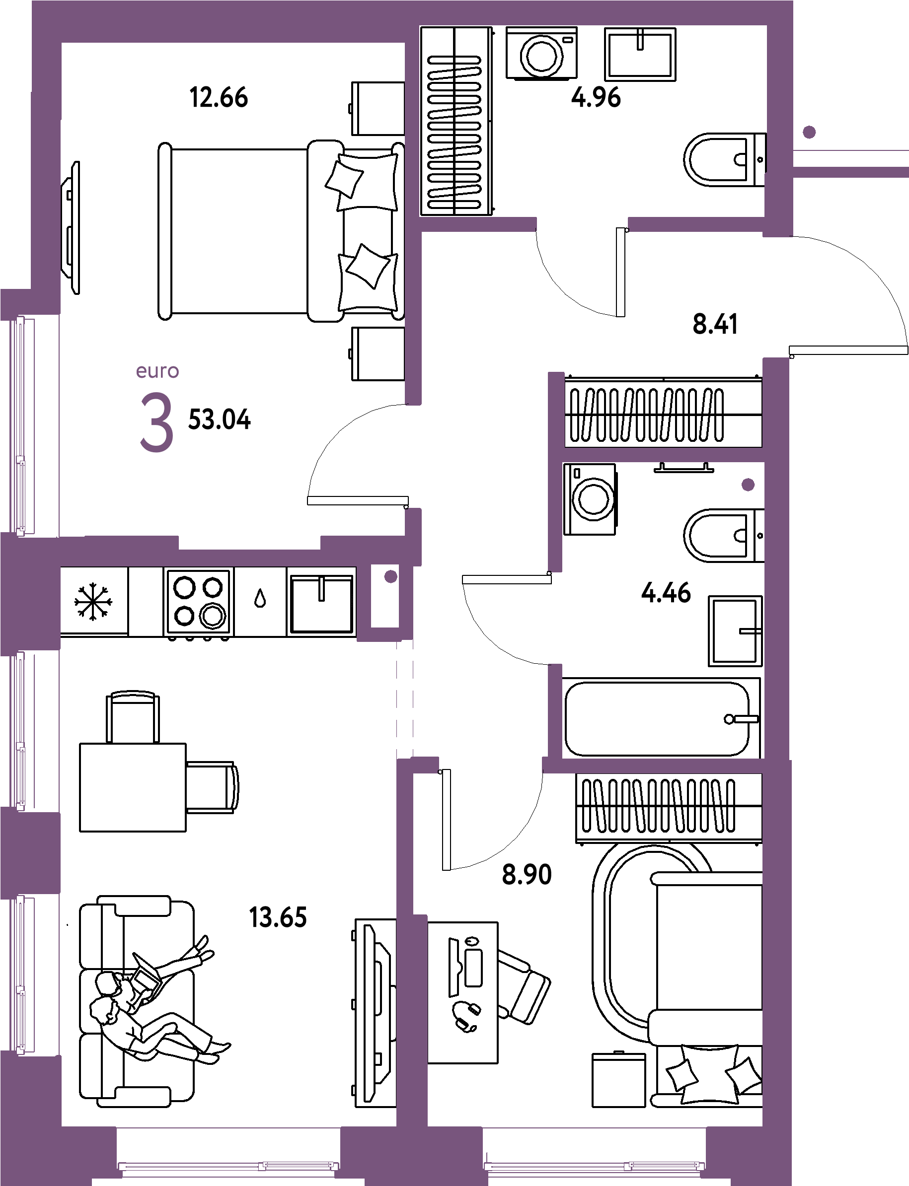 Планировка: Евротрёшка 53,04 м² в ЖК «Домашний»
