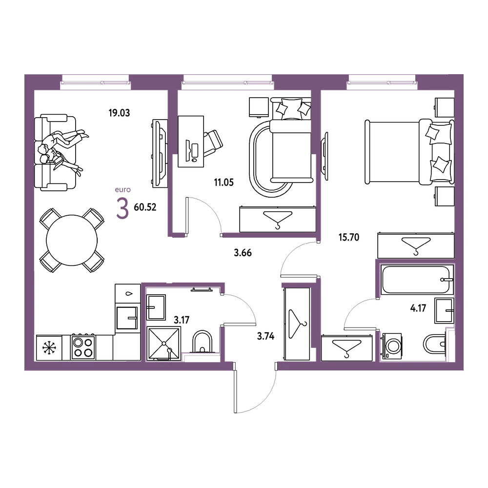 Планировка: Евротрёшка 60,52 м²