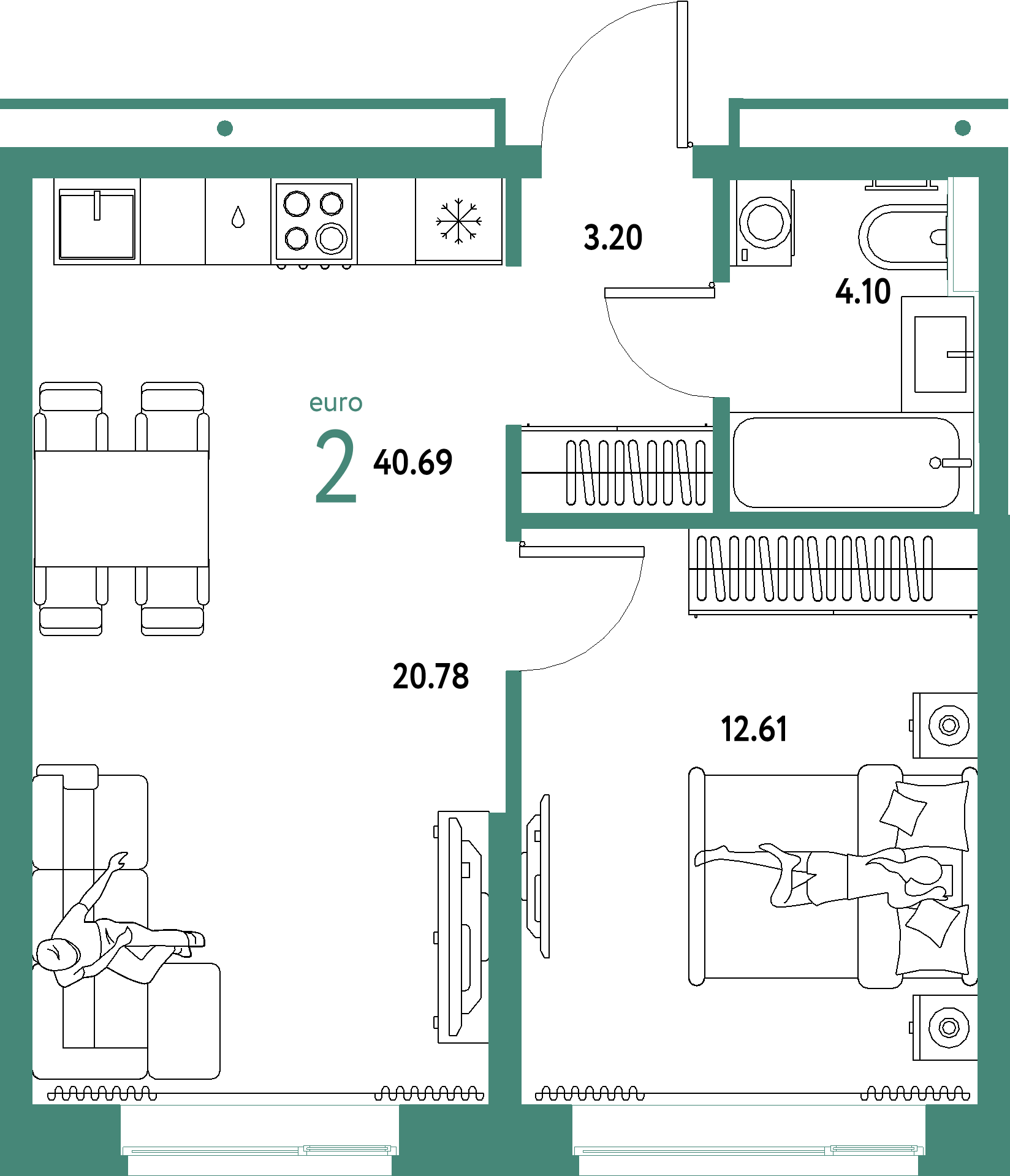 Планировка: Евродвушка 40,69 м² в ЖК «Домашний»