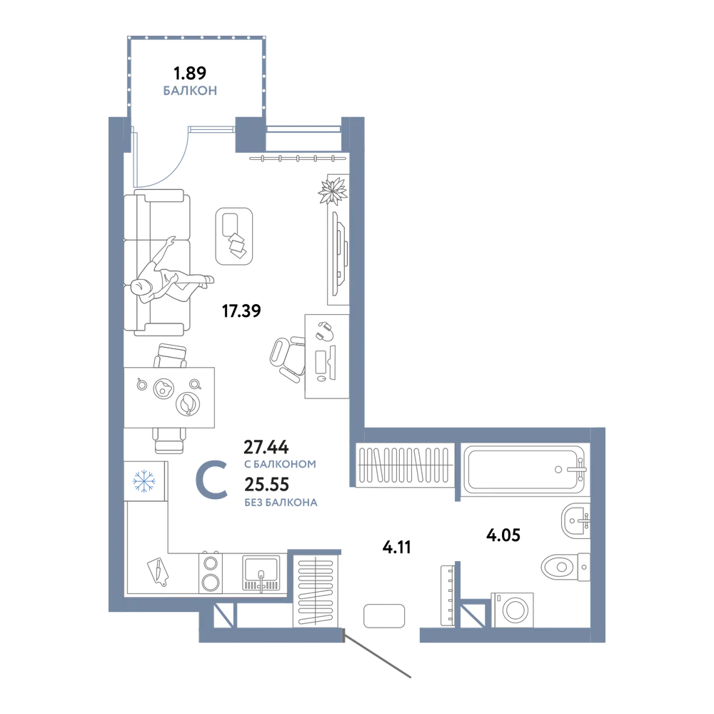 Планировка: Студия 27,44 м²