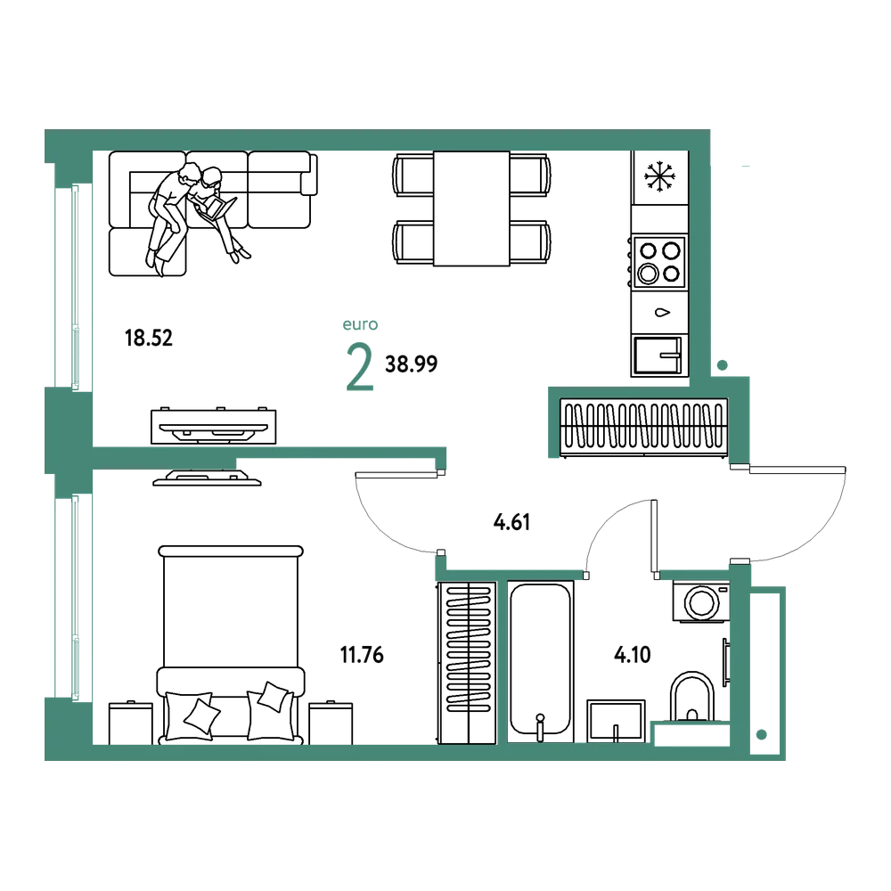 Планировка: Евродвушка 38,99 м²