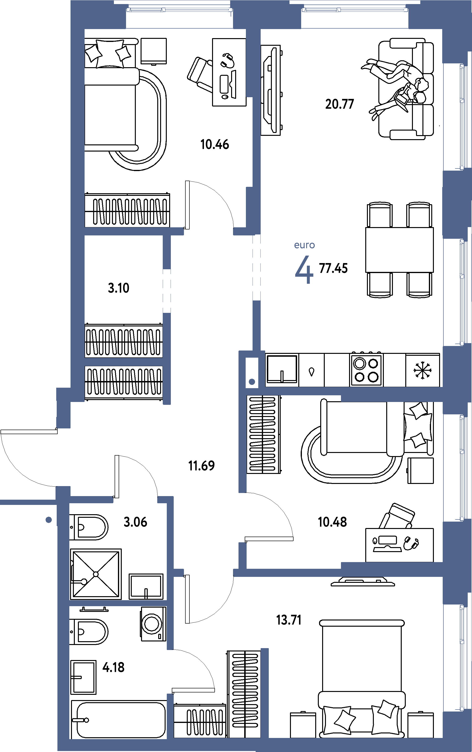 Планировка: Евро-4 77,45 м² в ЖК «Домашний»