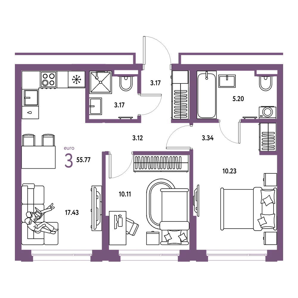 Планировка: Евротрёшка 55,77 м²