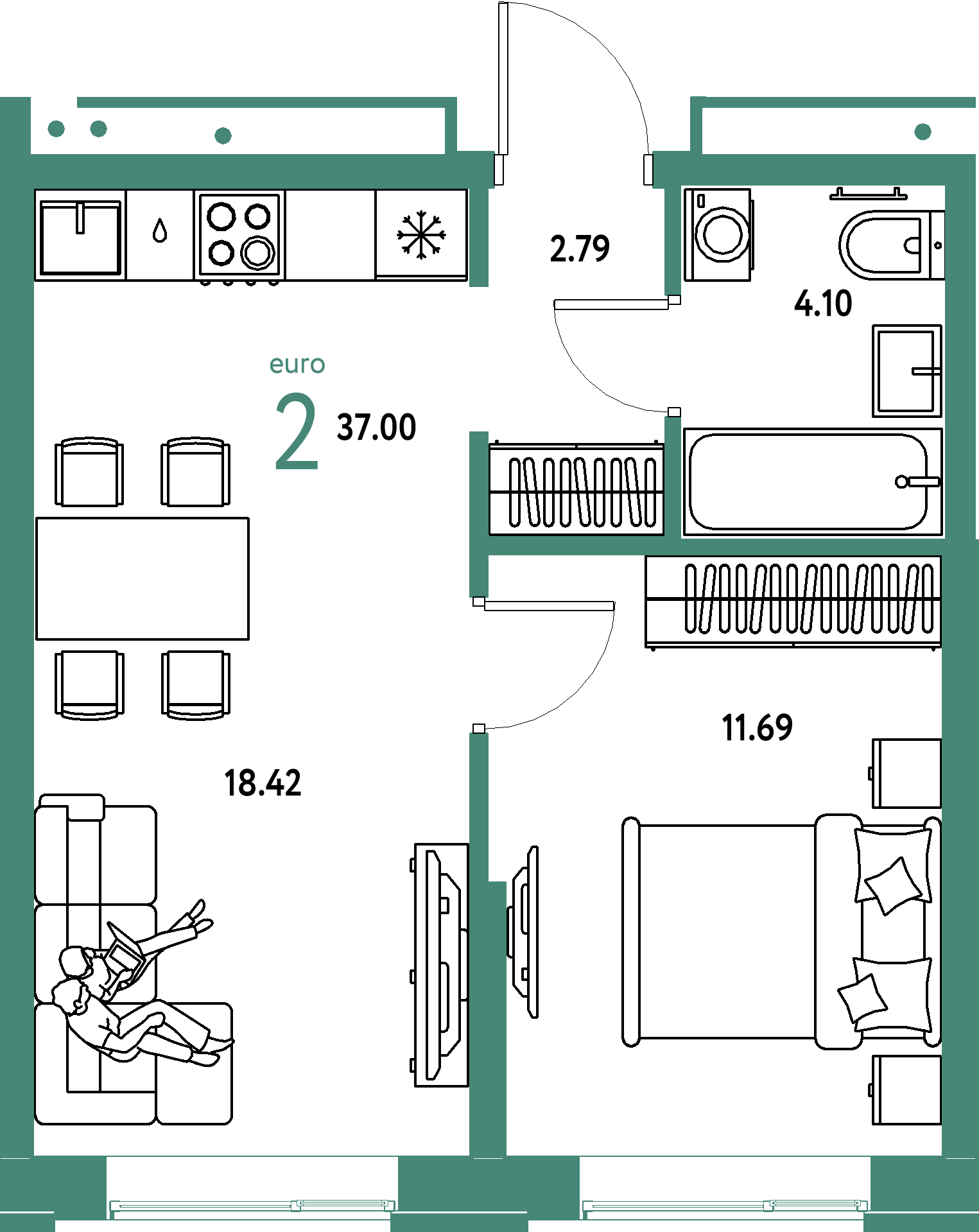 Планировка: Евродвушка 37 м² в ЖК «Домашний»