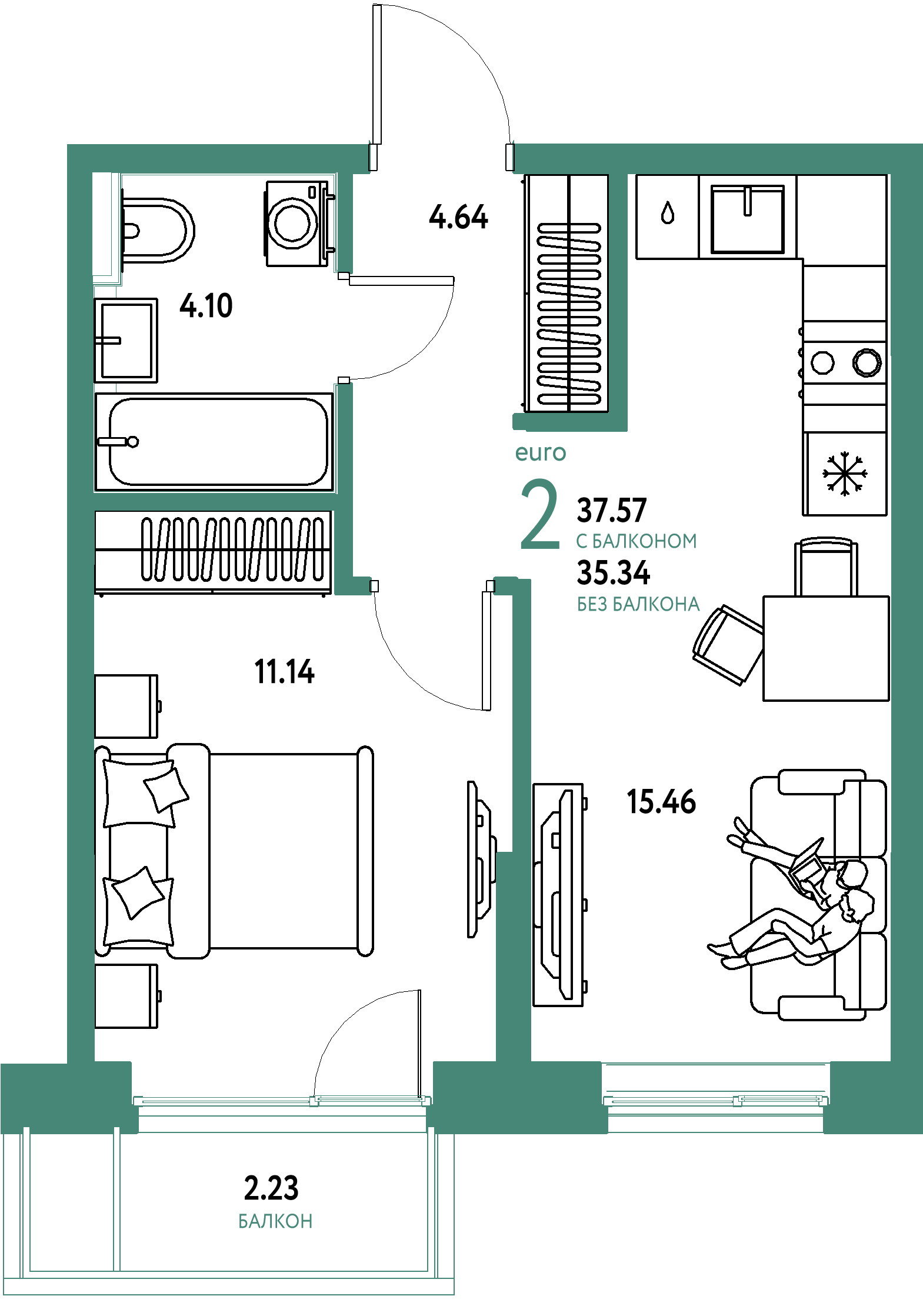Планировка: Евродвушка 37,64 м² в ЖК «Остров-сад»