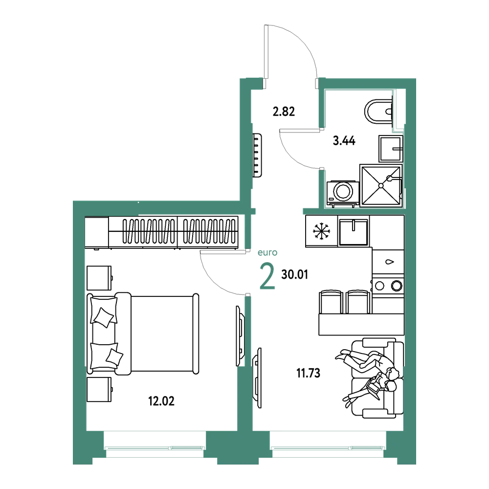 Планировка: Евродвушка 30,01 м²