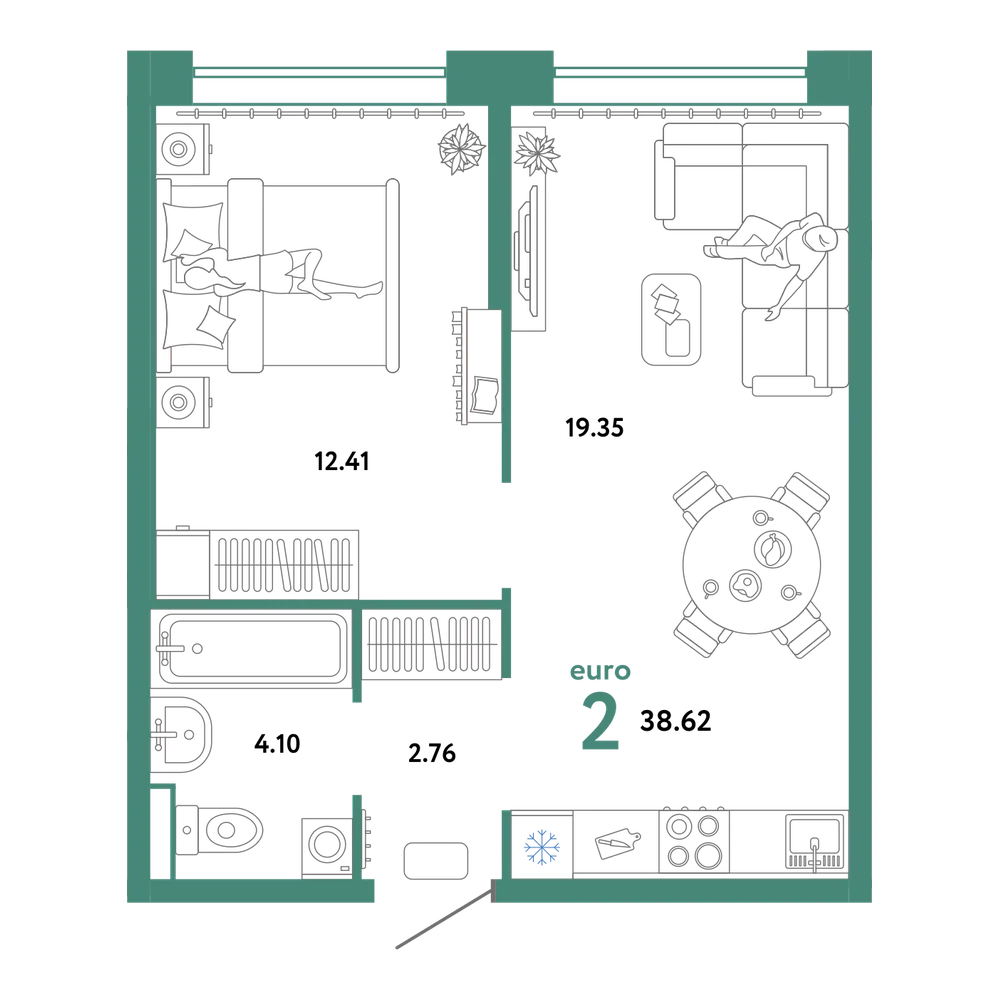 Планировка: Евродвушка 38,62 м²