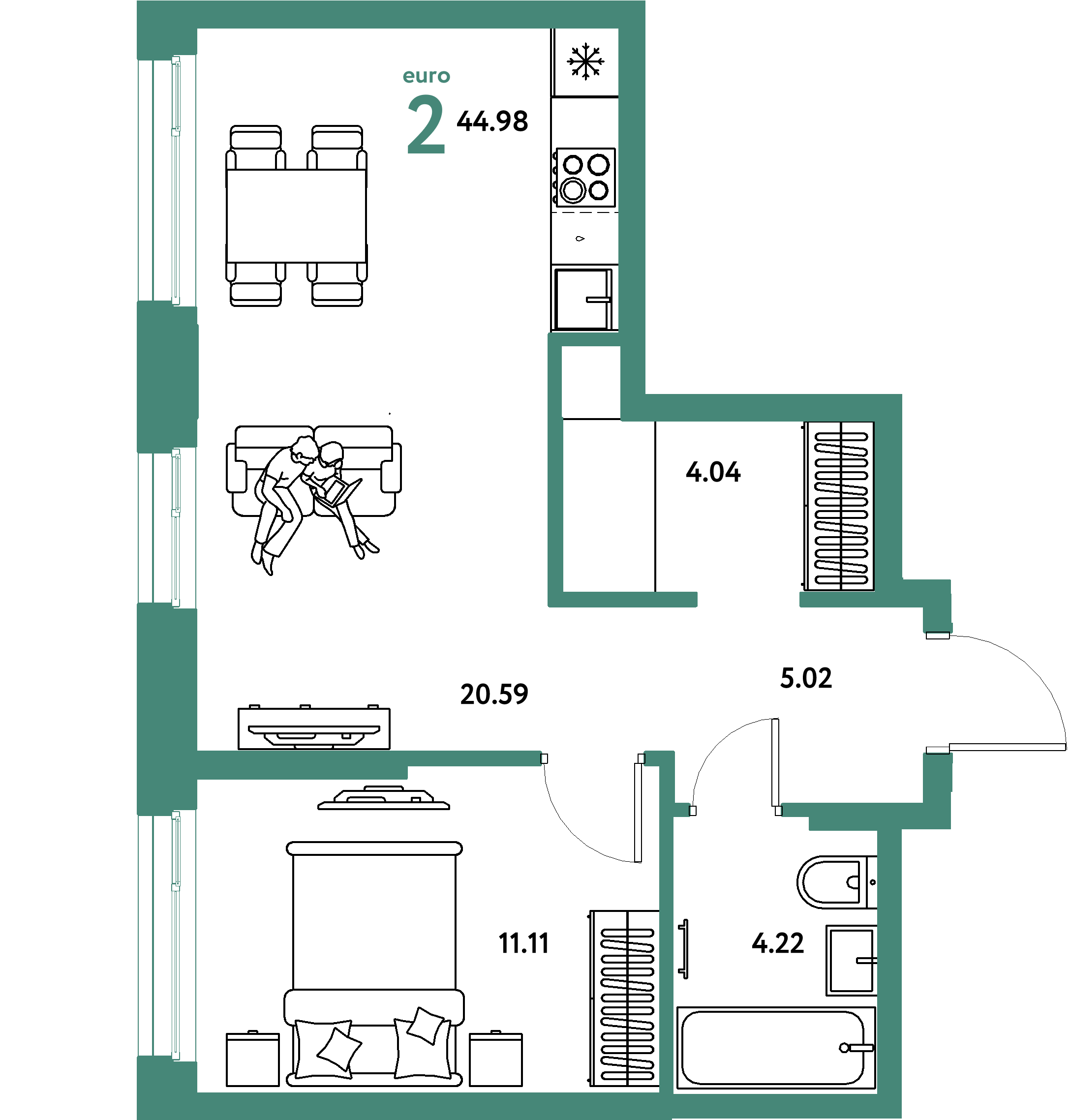 Планировка: Евродвушка 44,98 м² в ЖК «Европейский берег 2.0»
