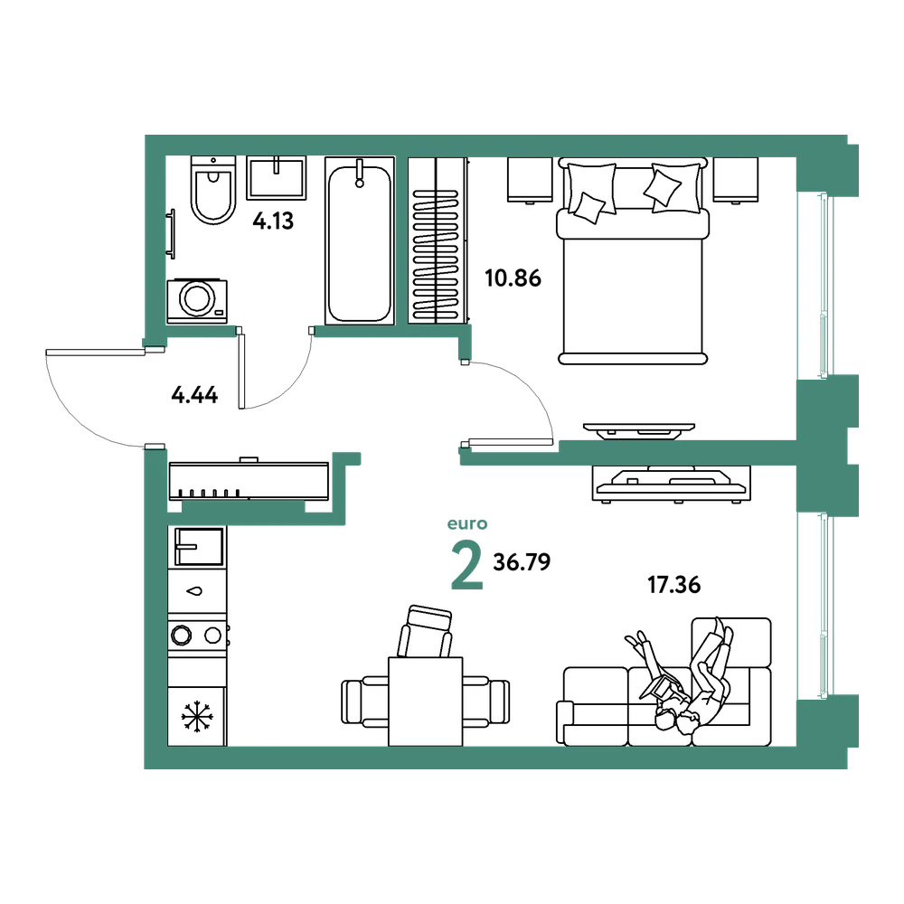 Планировка: Евродвушка 36,79 м²