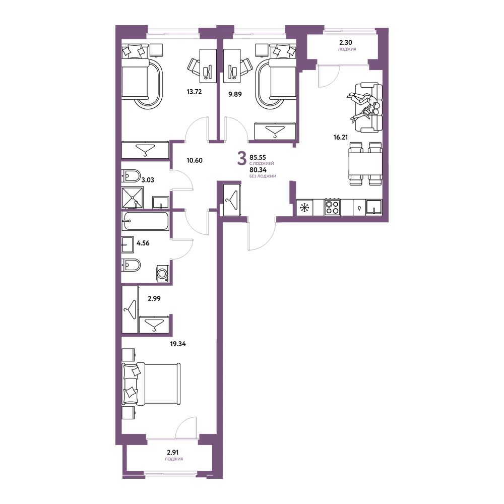 Планировка: Евро-4 85,55 м²
