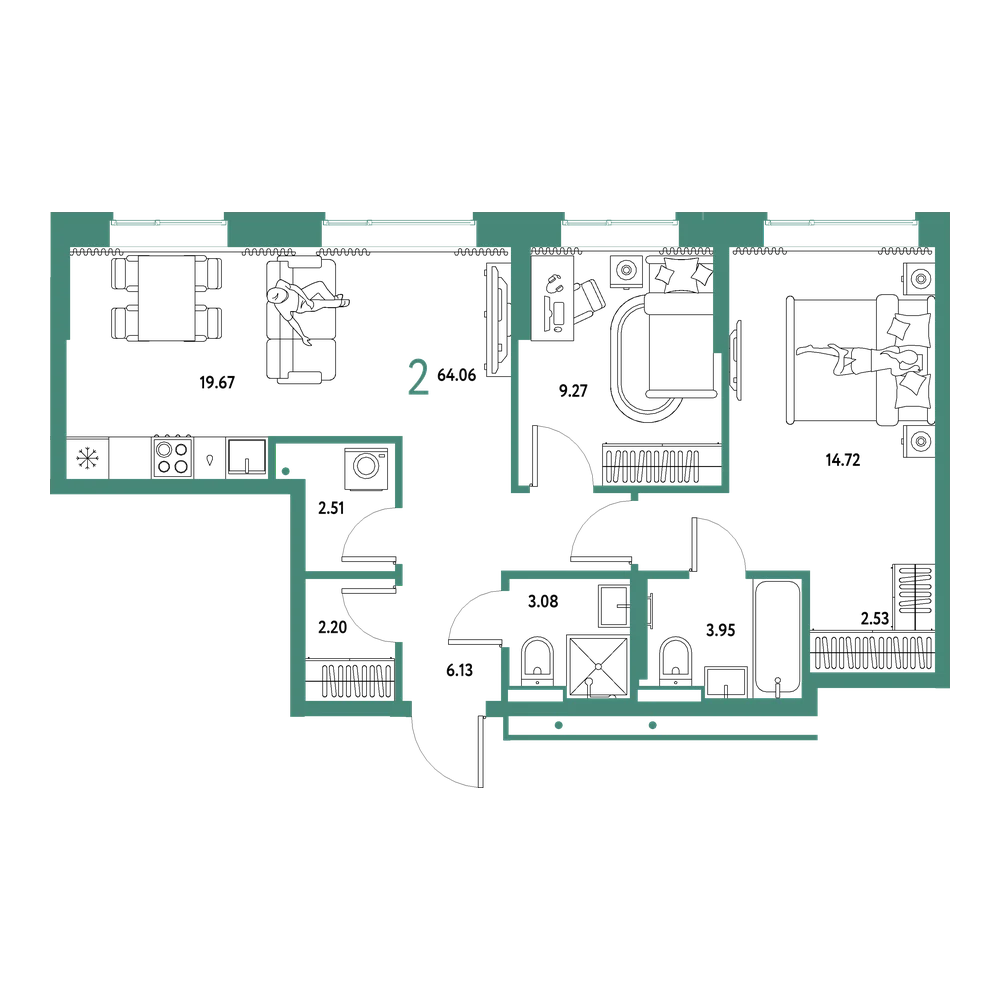 Планировка: Евротрёшка 64,06 м²