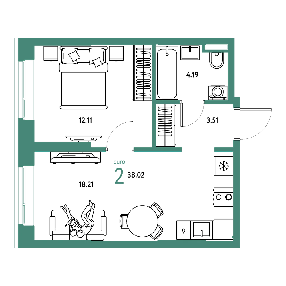 Планировка: Евродвушка 38,02 м²
