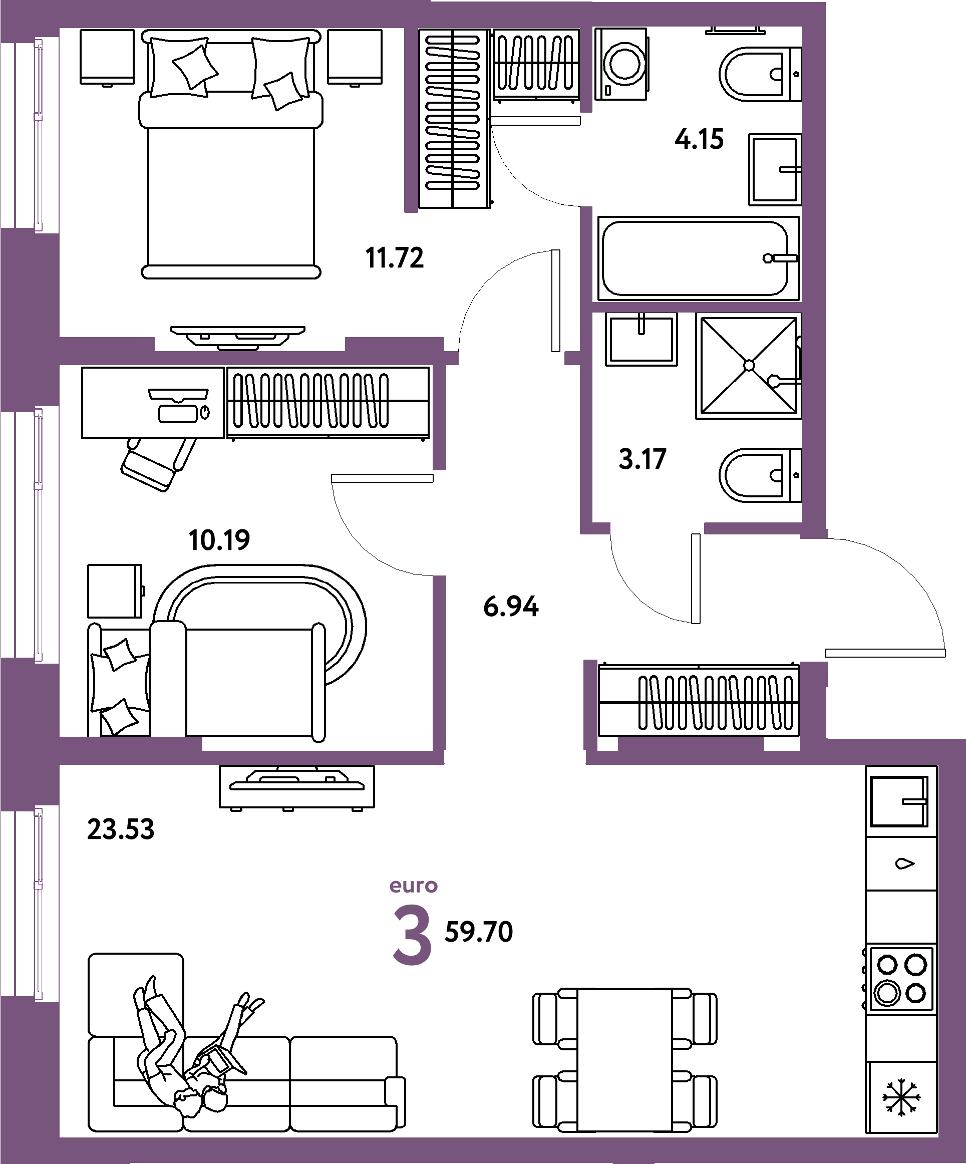 Планировка: Евротрёшка 59,7 м² в ЖК «Европейский берег 2.0»