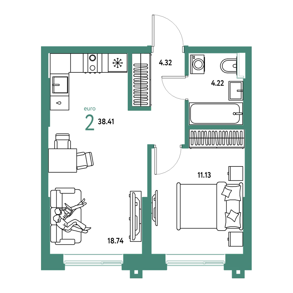 Планировка: Евродвушка 38,4 м²