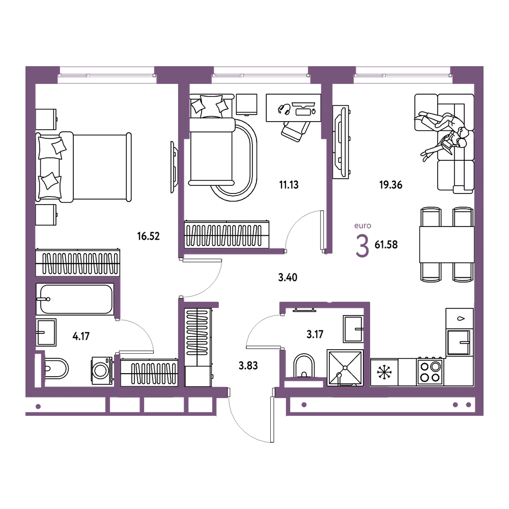 Планировка: Евротрёшка 61,58 м²