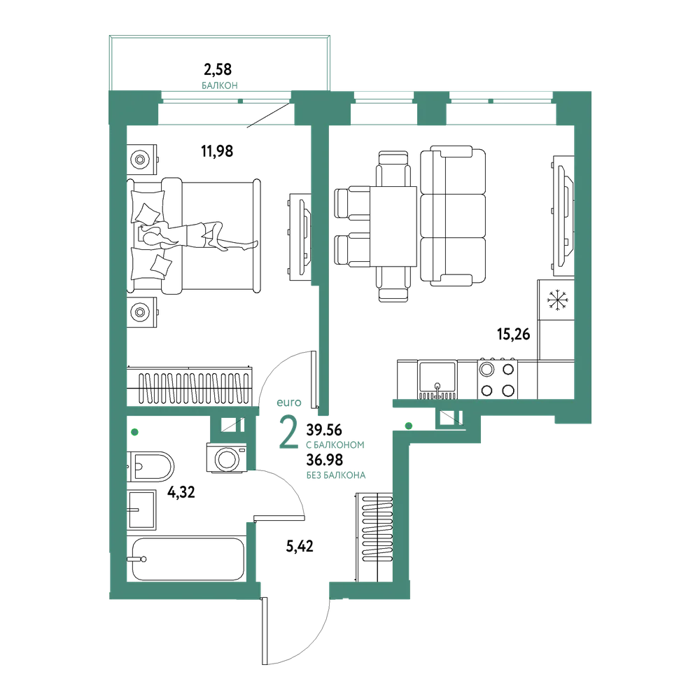 Планировка: Евродвушка 39,56 м²