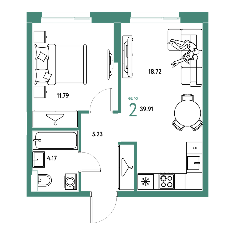 Планировка: Евродвушка 39,91 м²