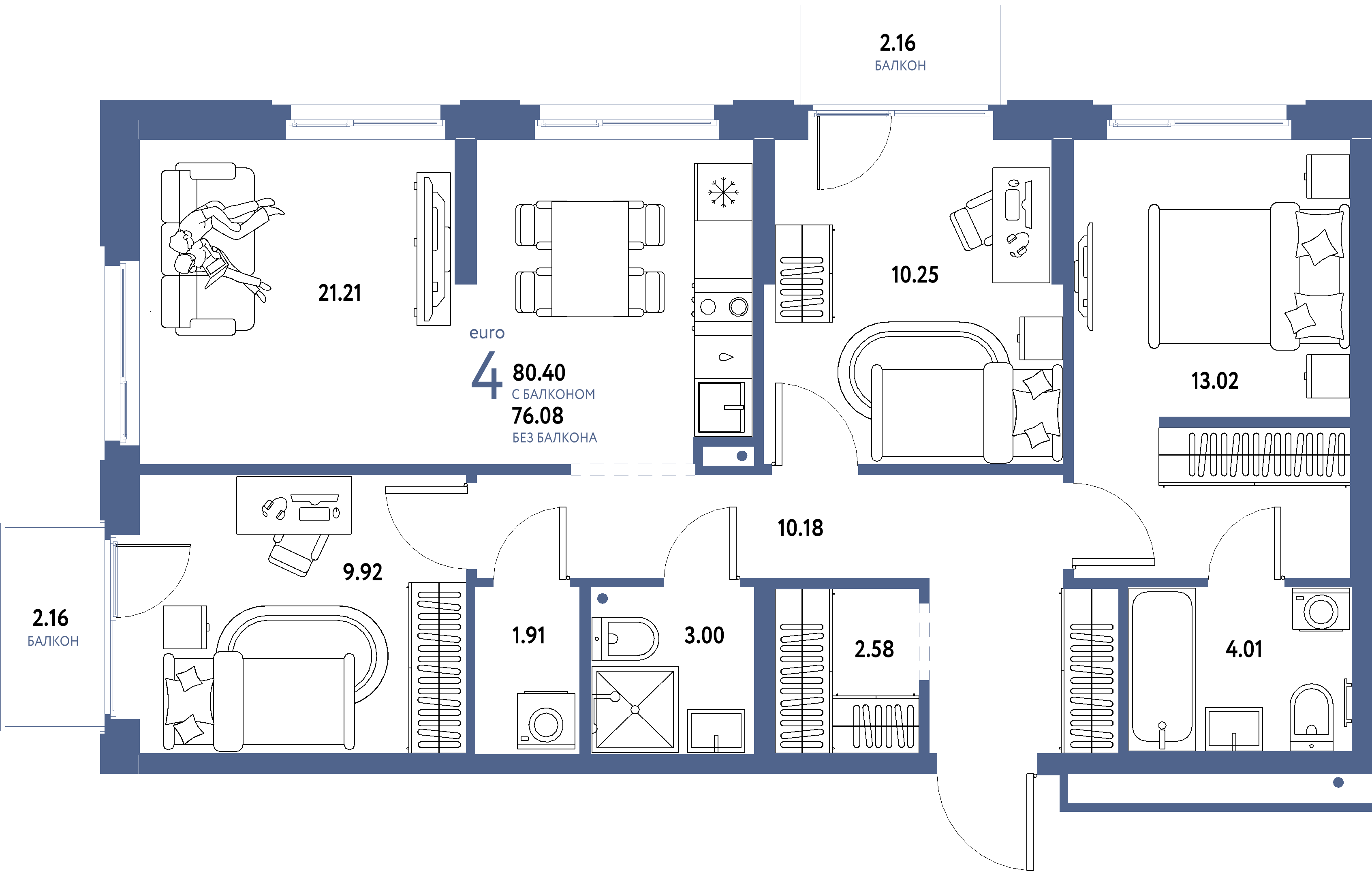 Планировка: Евро-4 80,4 м² в ЖК «Домашний»