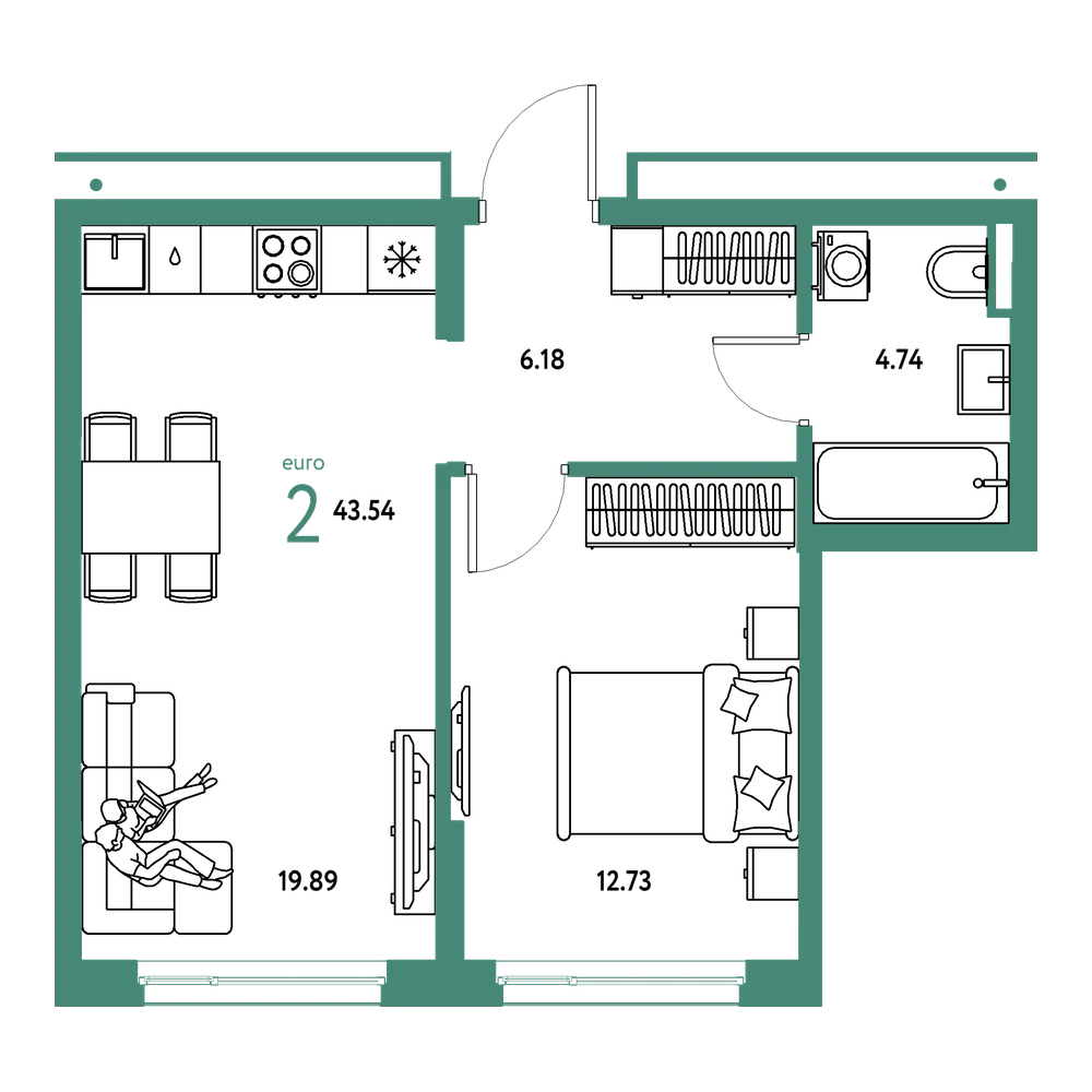 Планировка: Евродвушка 43,54 м²