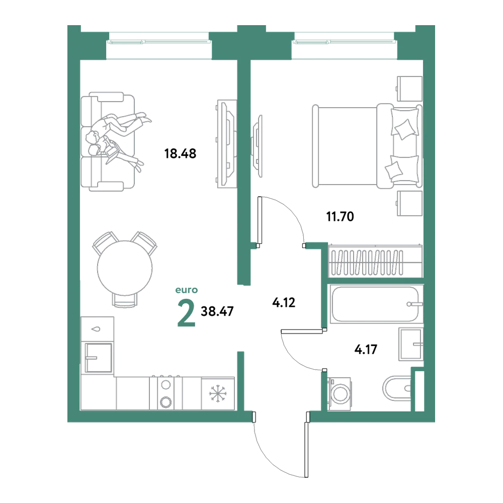 Планировка: Евродвушка 38,47 м²