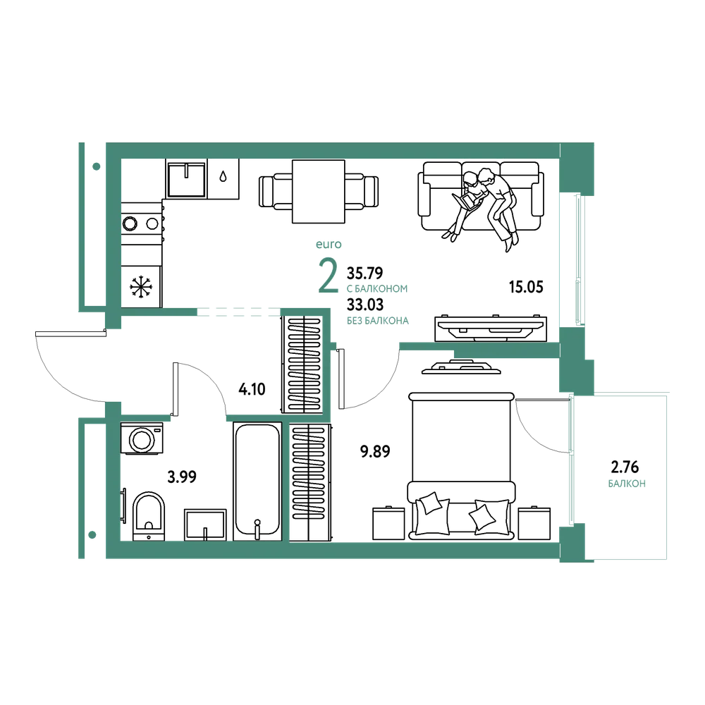 Планировка: Евродвушка 35,79 м²