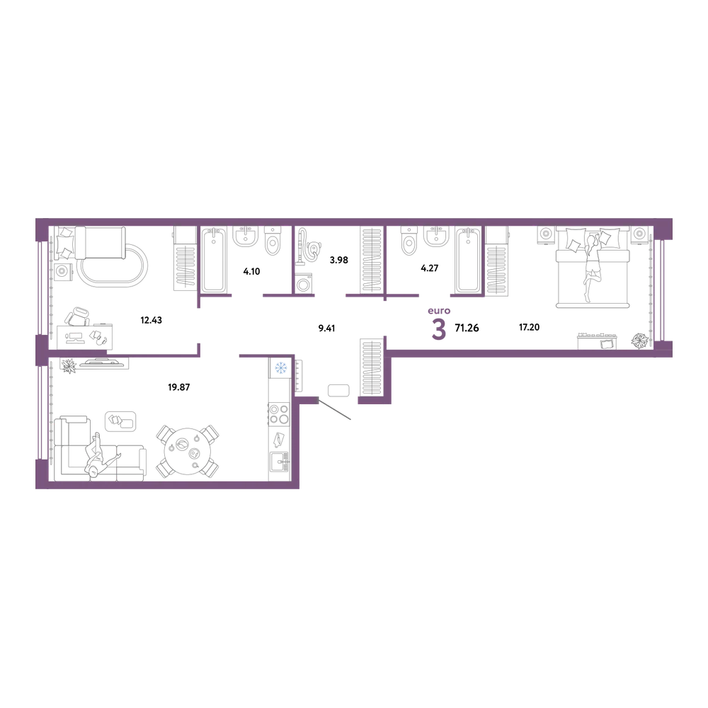 Планировка: Евротрёшка 71,26 м²