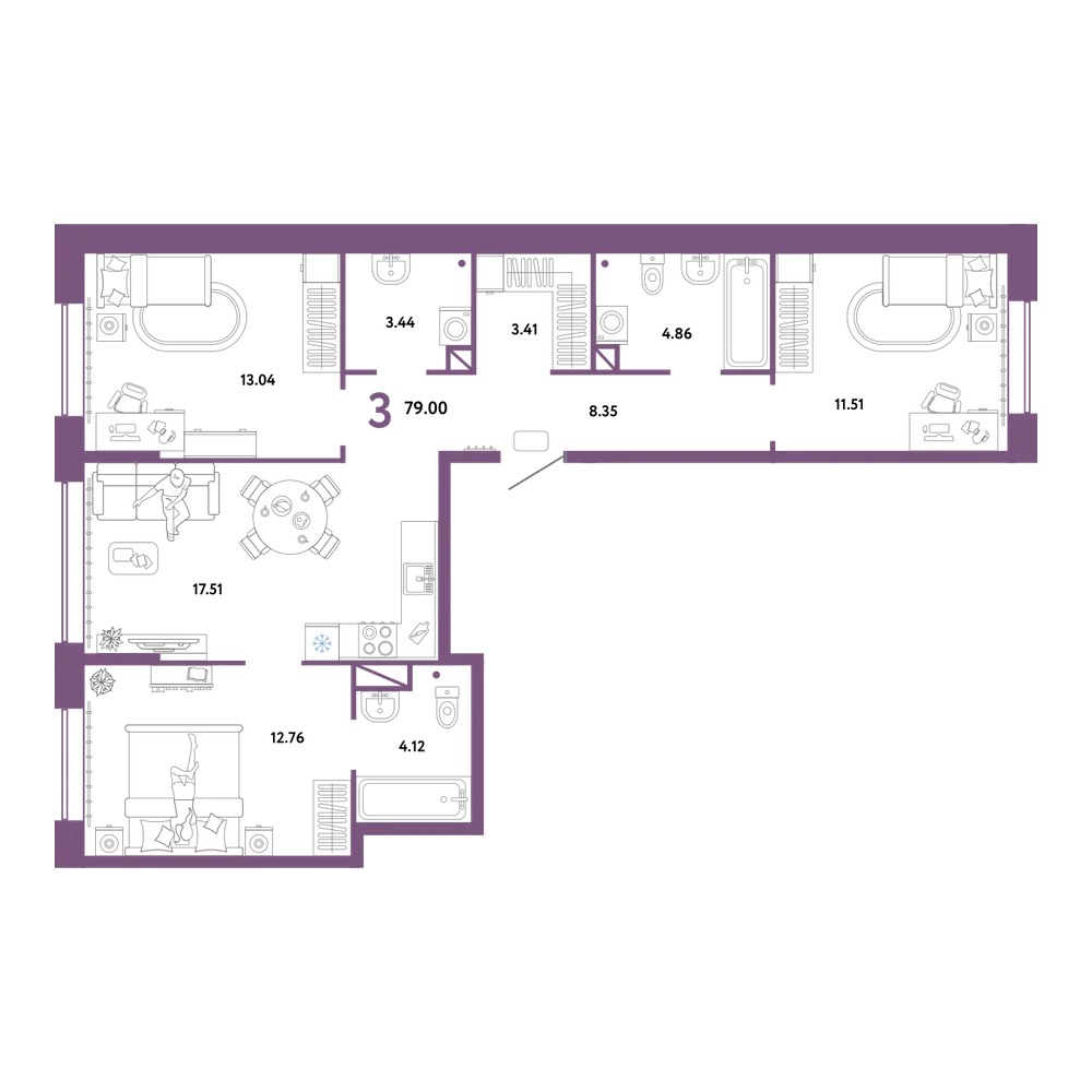 Планировка: 3-комнатная 79 м²