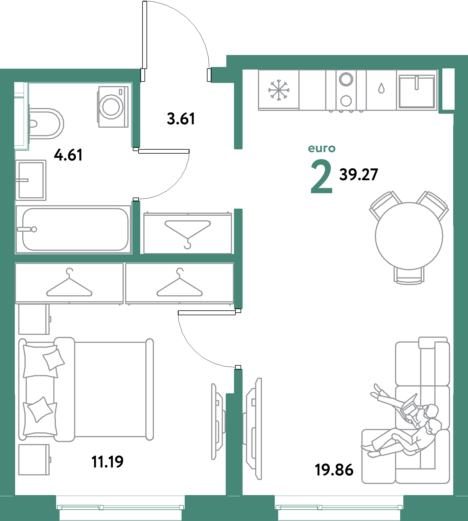 Планировка: Евродвушка 39,27 м² в ЖК «Остров-сад»