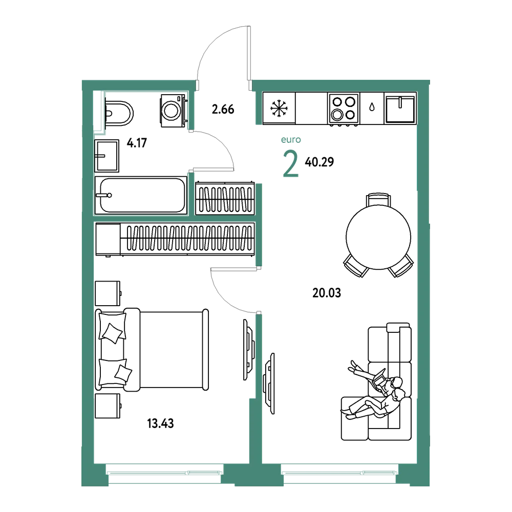 Планировка: Евродвушка 40,29 м²
