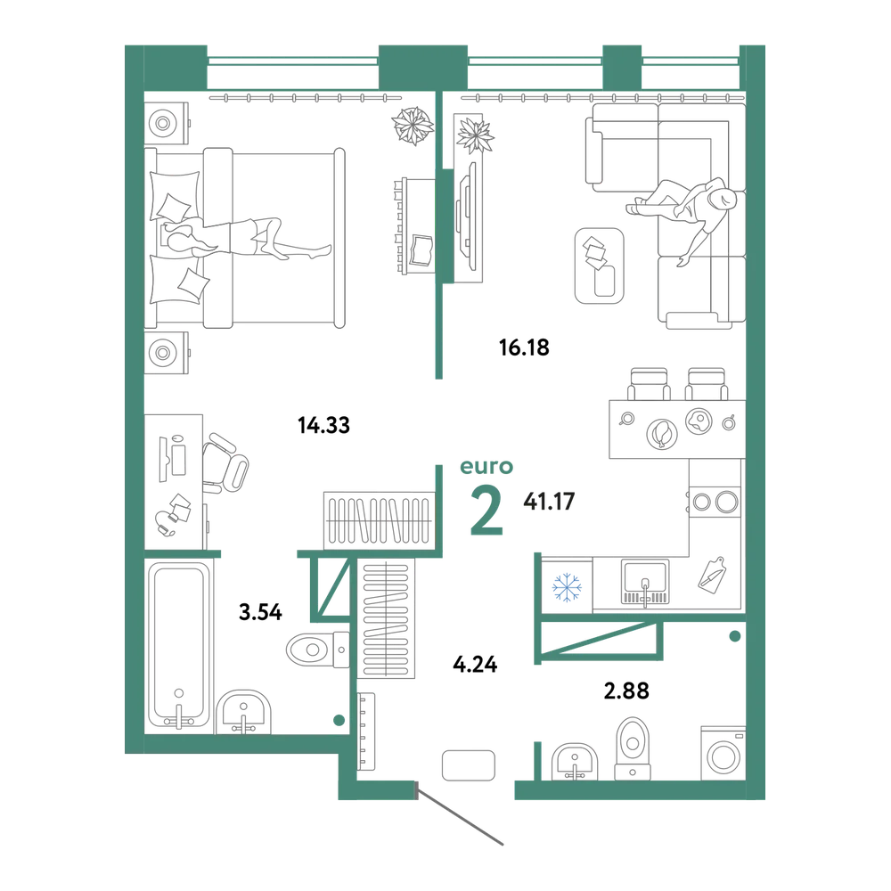 Планировка: Евродвушка 41,17 м²