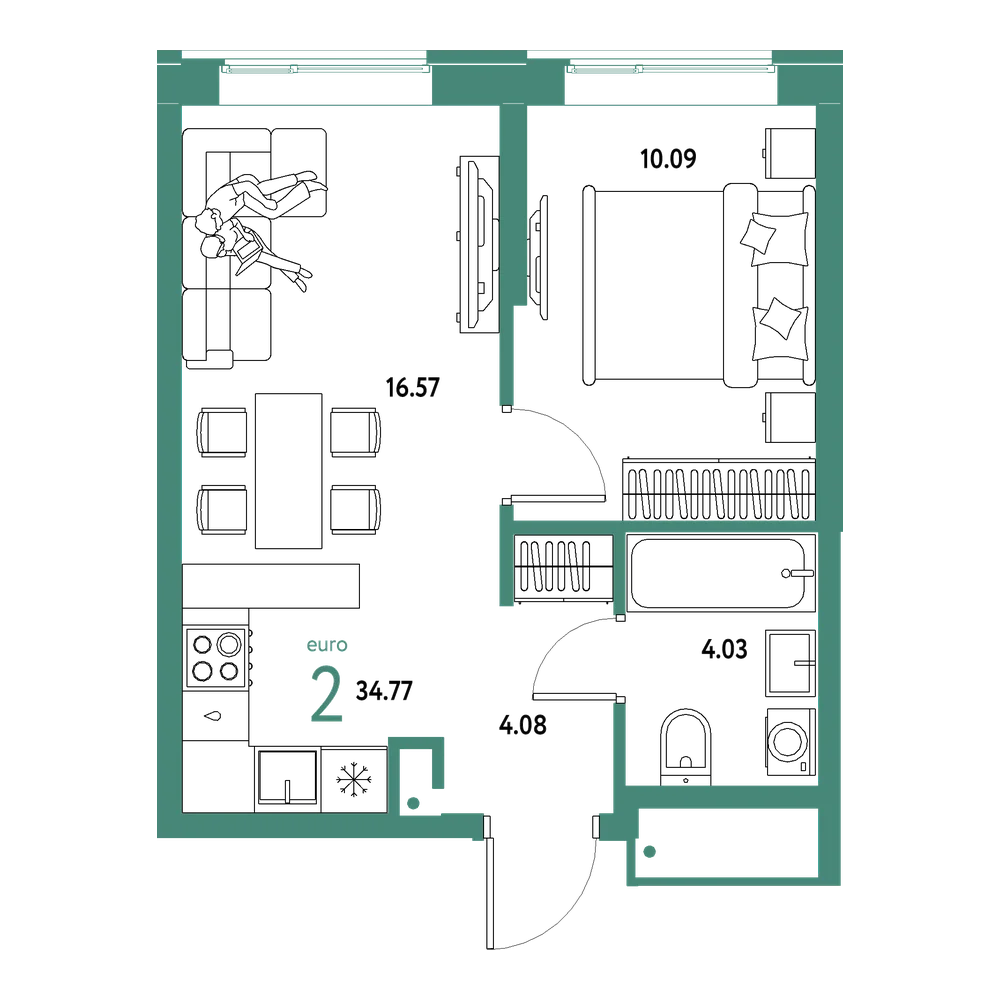 Планировка: Евродвушка 34,77 м²