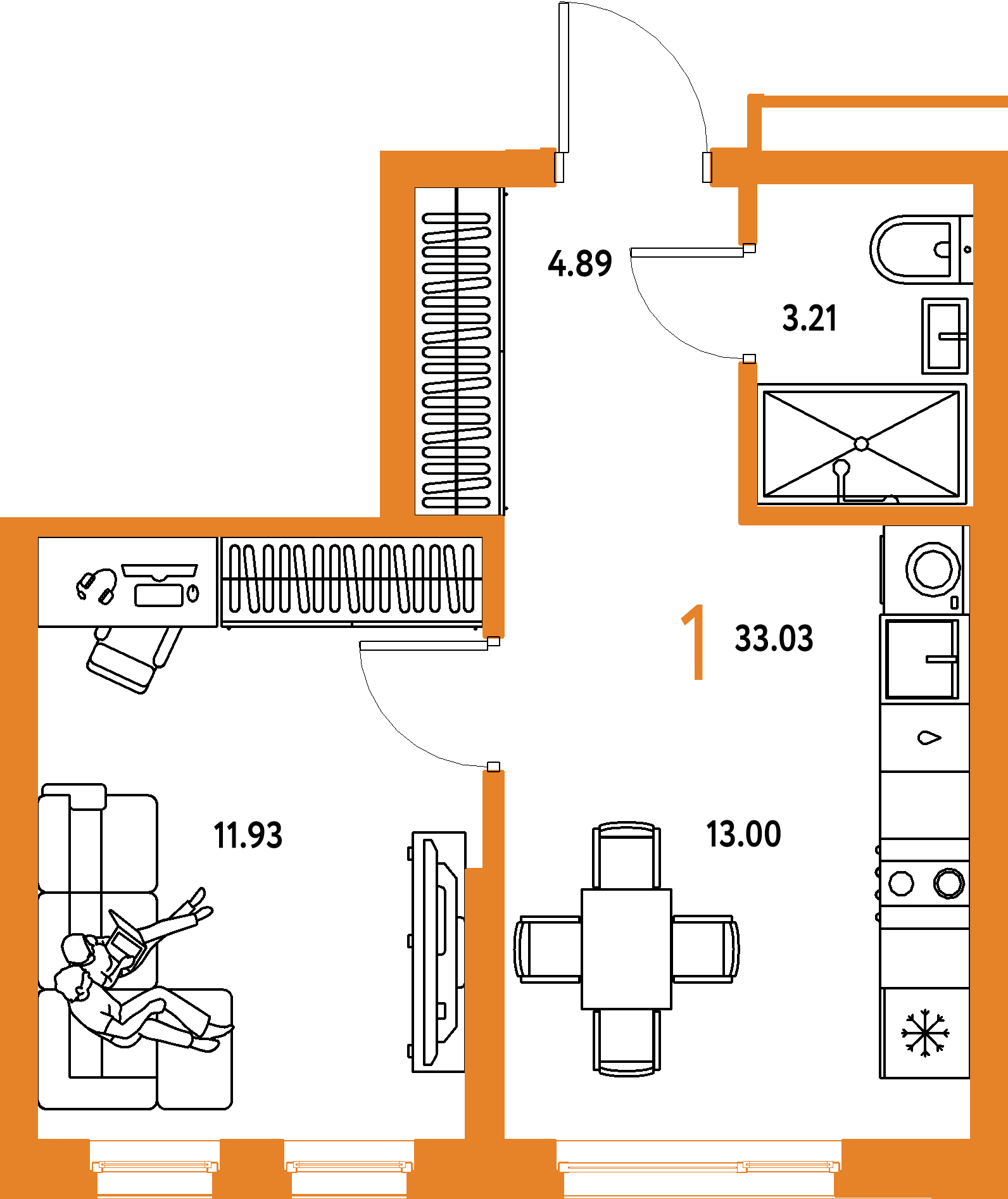 Планировка: 1-комнатная 33,03 м² в ЖК «Домашний»
