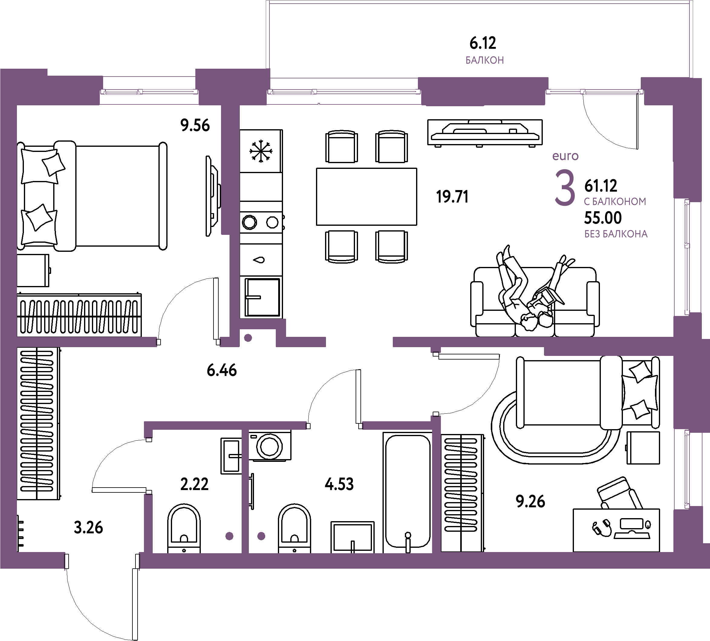 Планировка: Евротрёшка 61,12 м² в ЖК «Домашний»