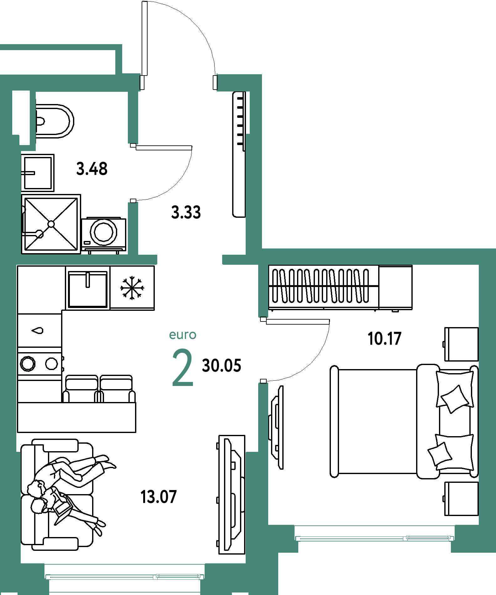 Планировка: Евродвушка 30,05 м² в ЖК «Страна.Прибрежная»