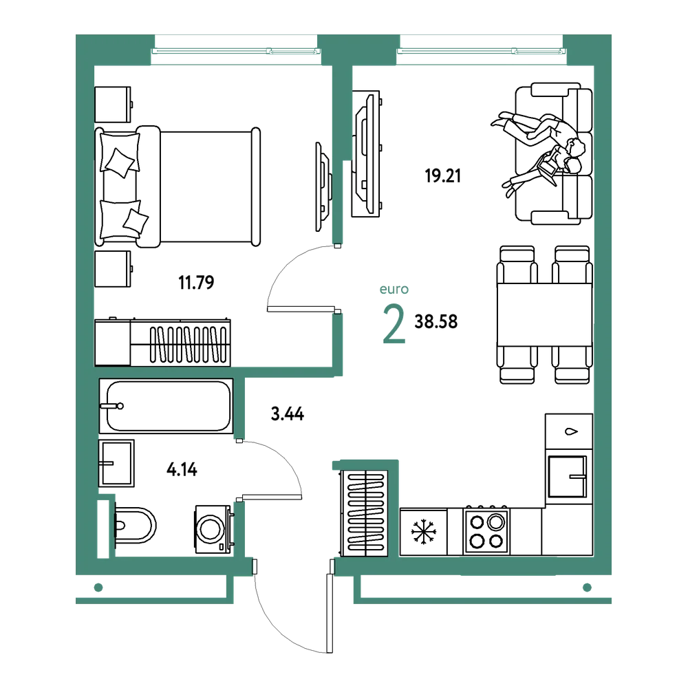 Планировка: Евродвушка 38,58 м²