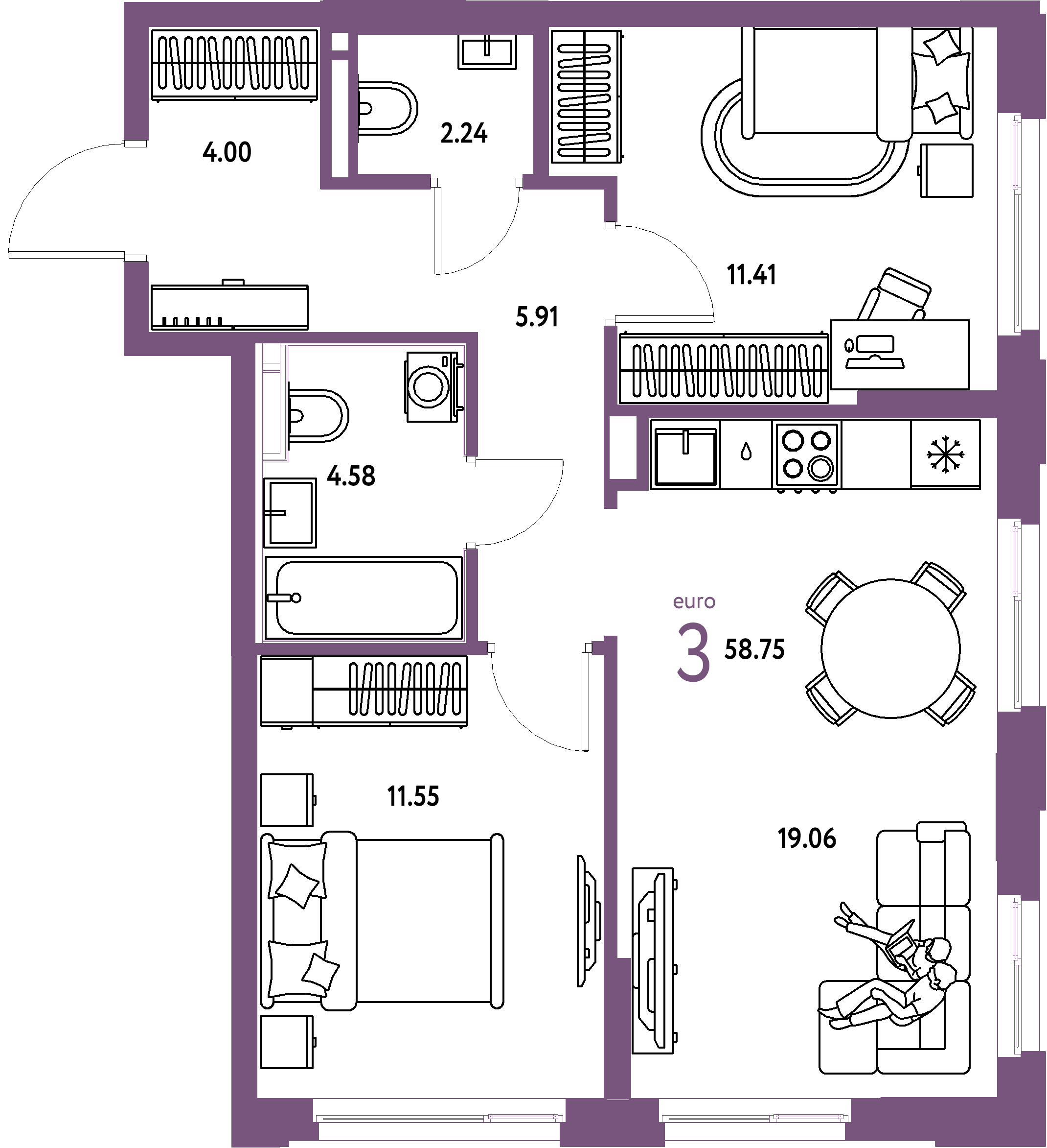 Планировка: Евротрёшка 58,75 м² в ЖК «Домашний»