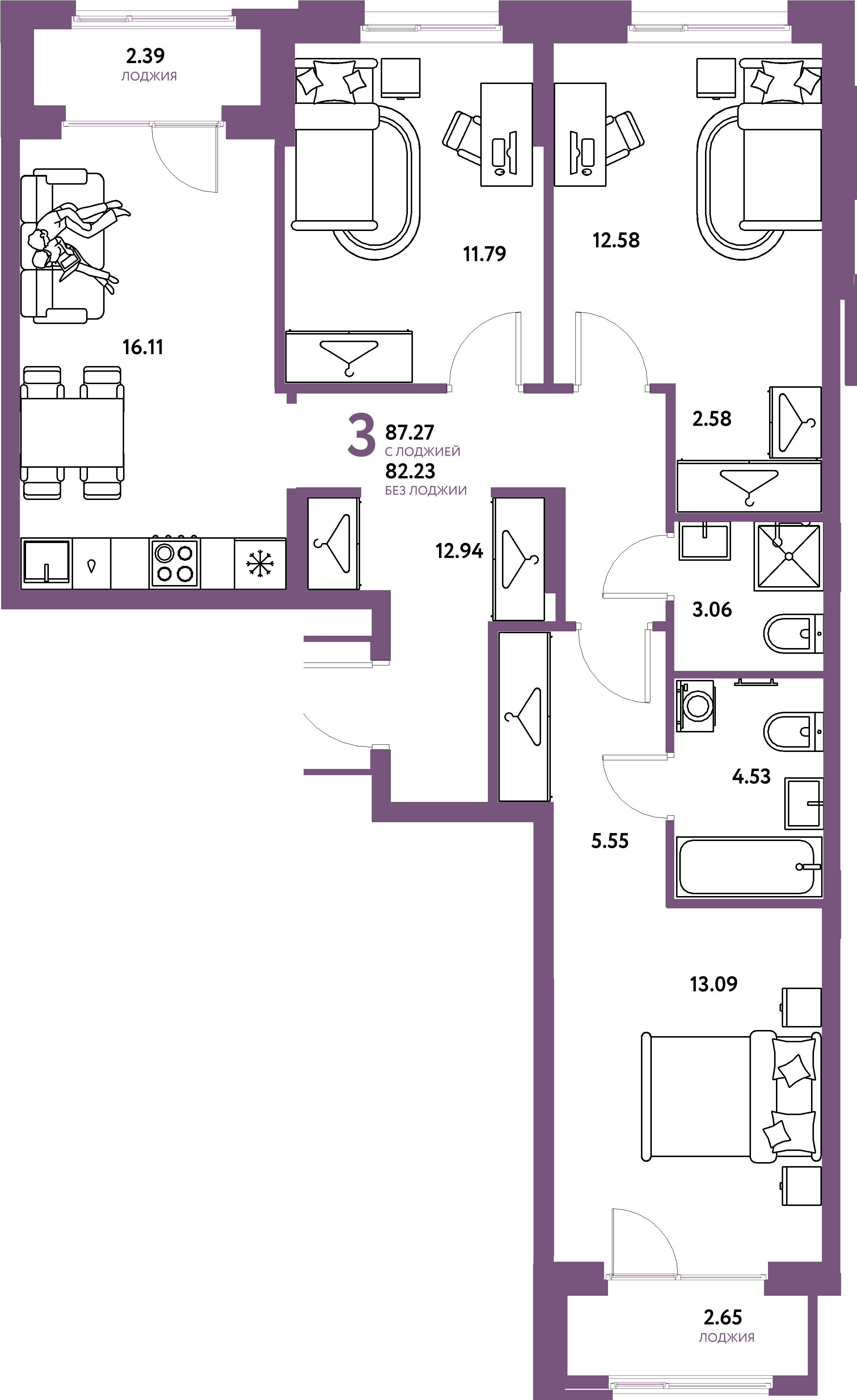 Планировка: 3-комнатная 87,27 м² в ЖК «Европейский берег 2.0»