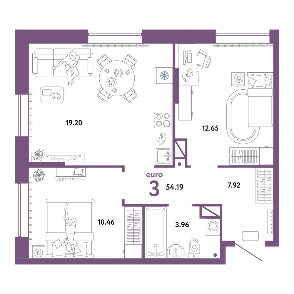 Планировка: Евротрёшка 54,19 м²
