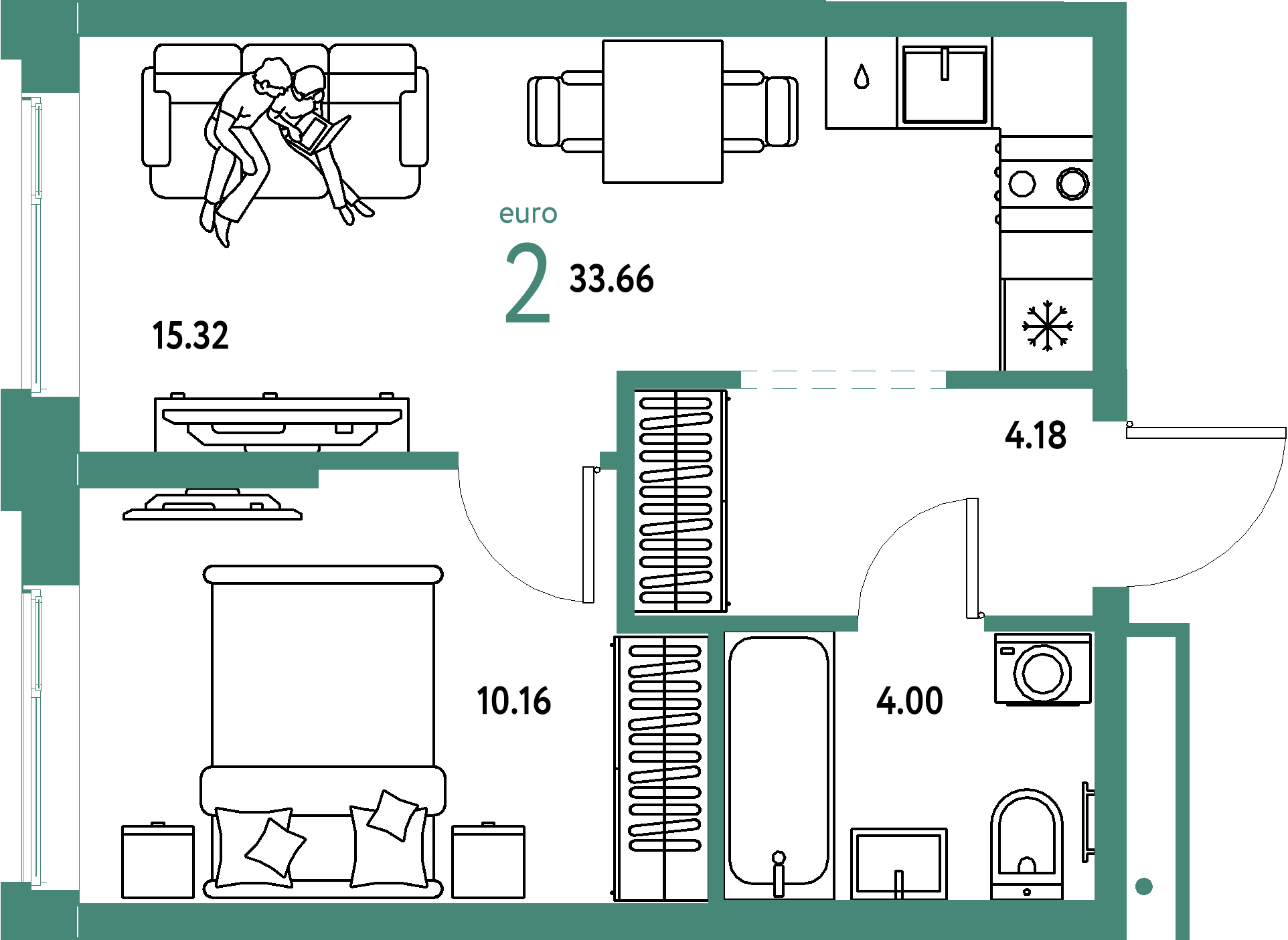 Планировка: Евродвушка 33,66 м² в ЖК «Домашний»