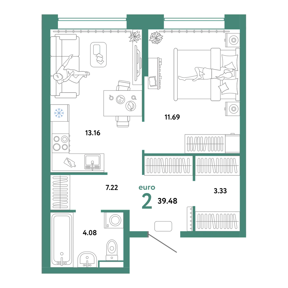 Планировка: Евродвушка 39,48 м²