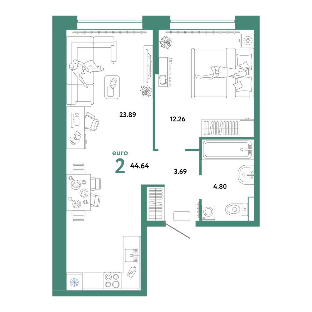 Планировка: Евродвушка 44,64 м²
