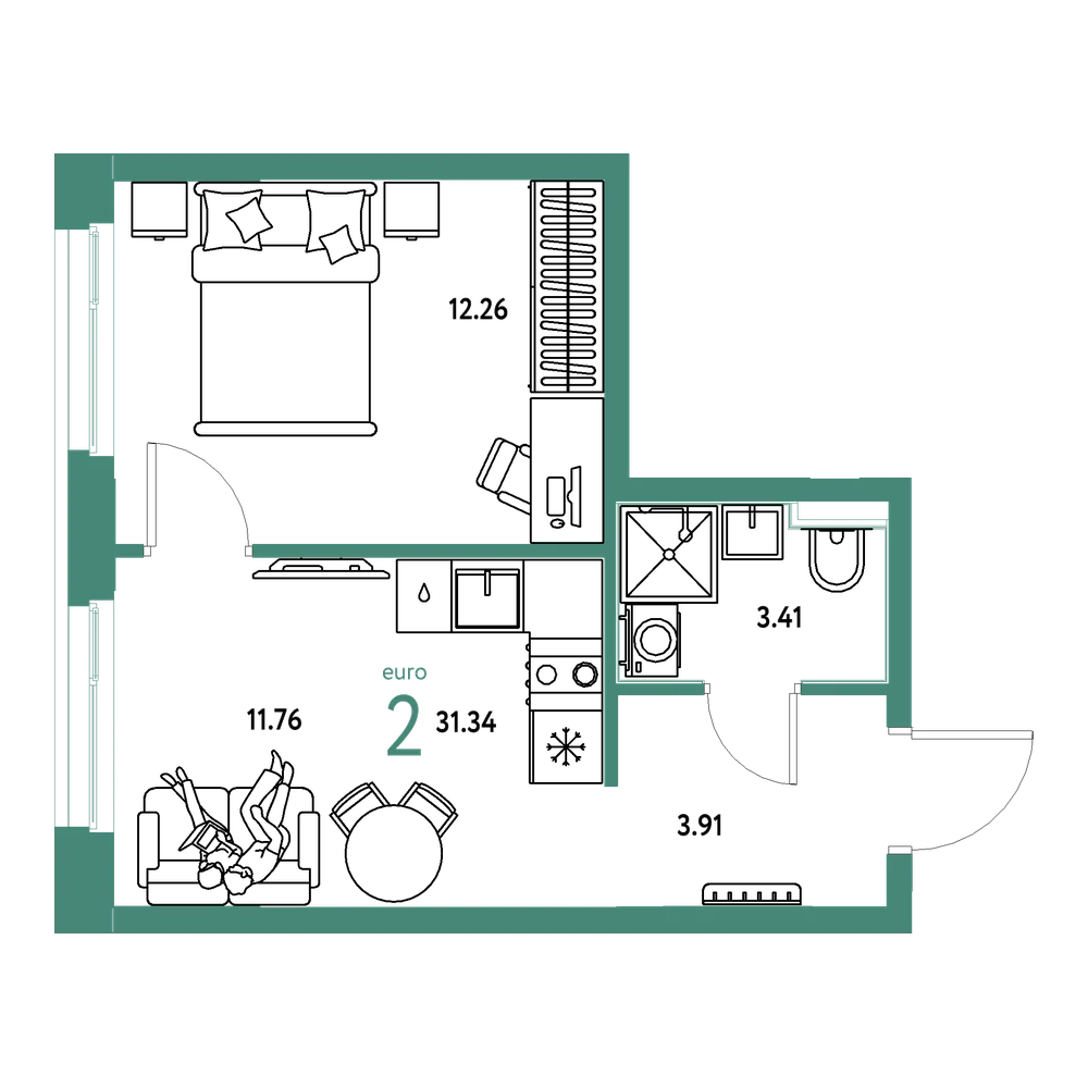 Планировка: Евродвушка 31,34 м²