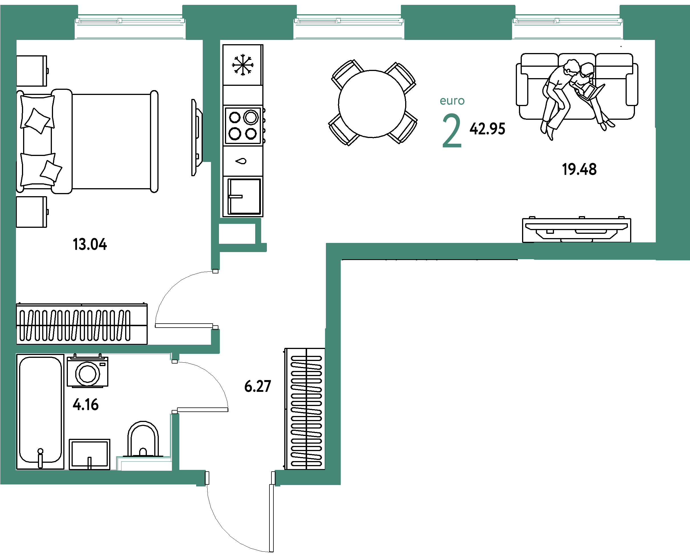 Планировка: Евродвушка 42,97 м² в ЖК «Остров-сад»