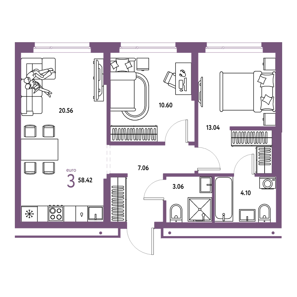 Планировка: Евротрёшка 58,42 м²