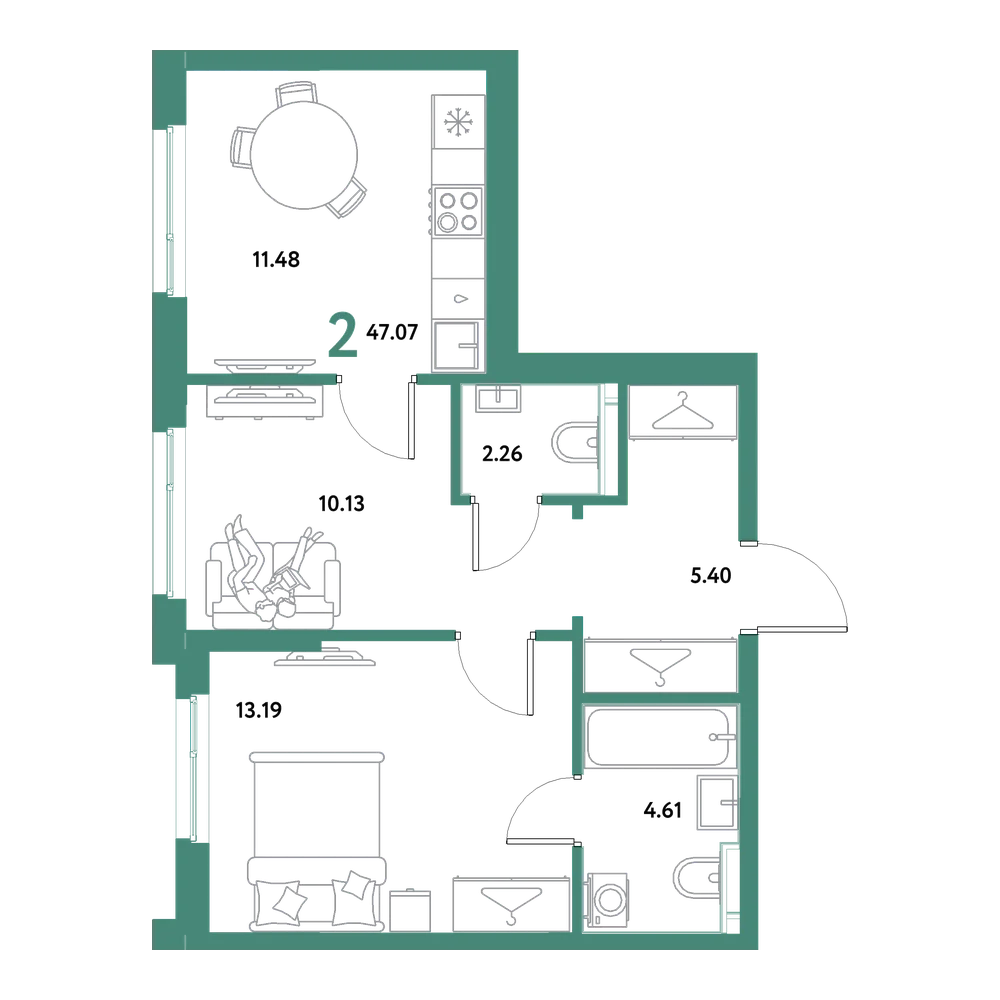 Планировка: 2-комнатная 47,07 м²