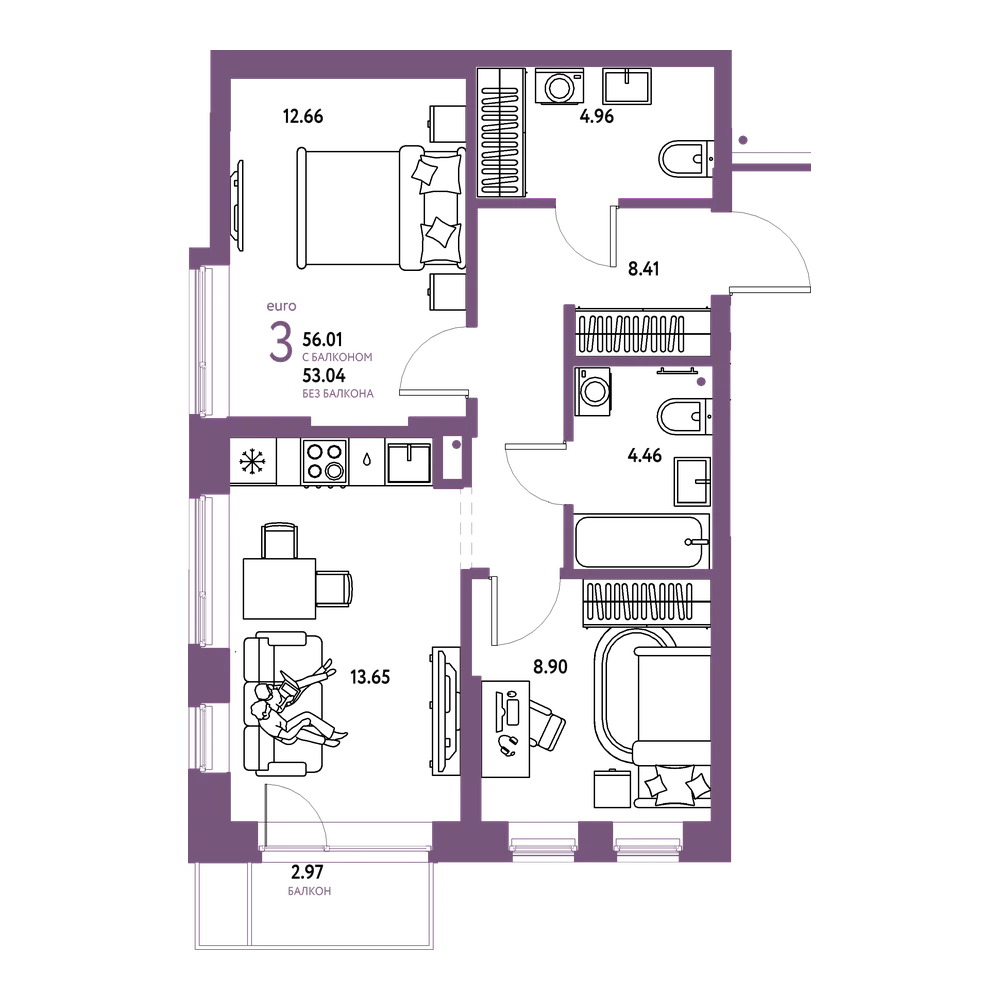 Планировка: Евротрёшка 56,01 м²