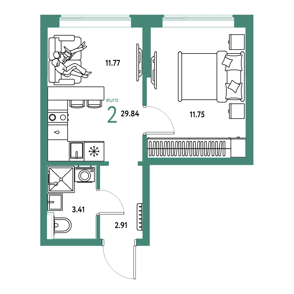 Планировка: Евродвушка 29,84 м²