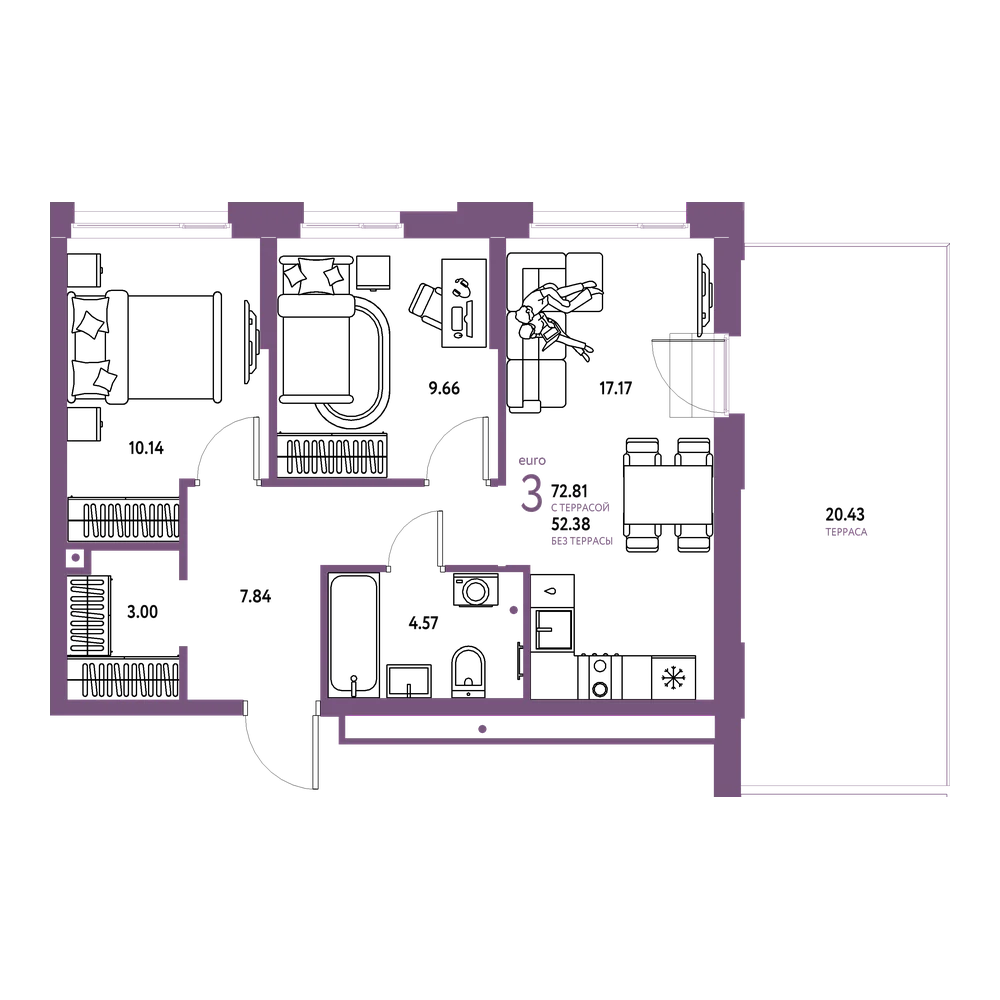 Планировка: Евротрёшка 72,81 м²